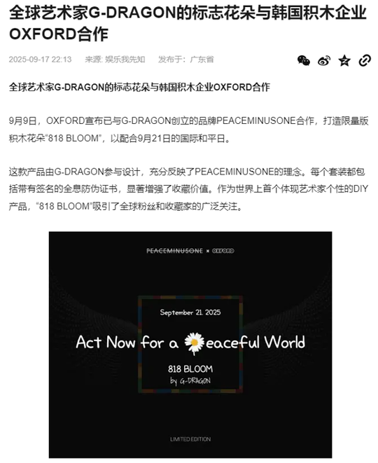 지드래곤, 평화 염원 담은 한정판 블록 
